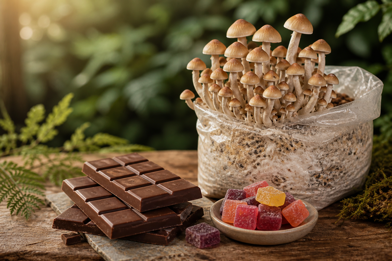 Gourmet chocolate, gummies, and a fruiting mushroom grow bag